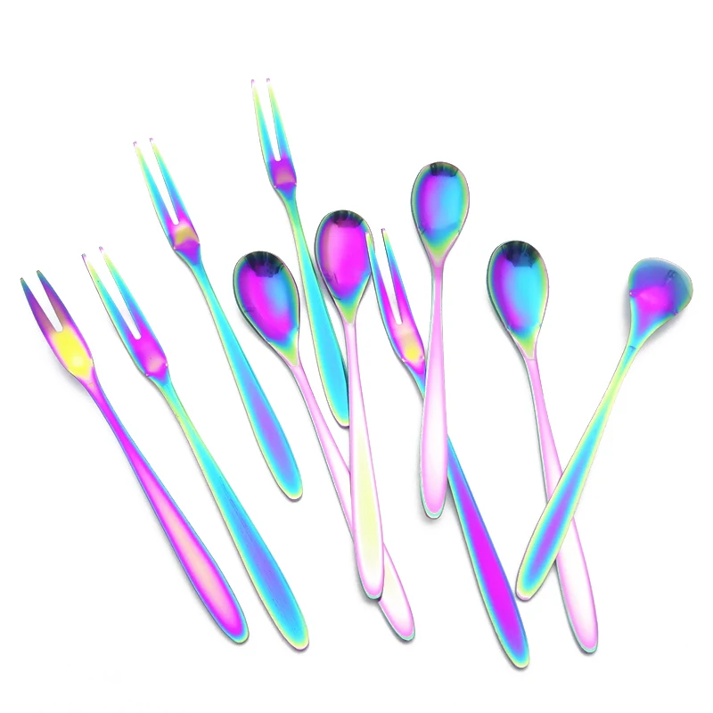 

Stainless Steel Rainbow Fork Fruit Coffee Spoon Dessert Cake Fork Kitchen Tools Hotel Restaurant Party Tableware 10pcs/set