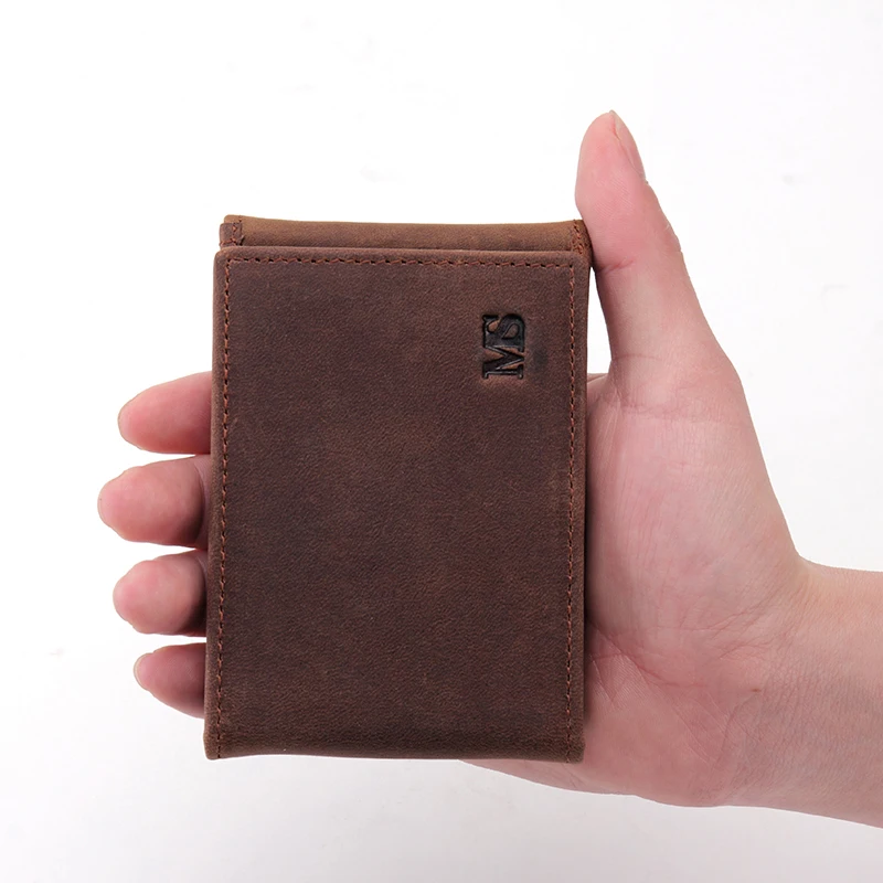 

MS Fashion Design Crazy Horse Leather Vintage Men Trifold Wallet ID Credit Card Bag Slim Money Clip Hasp Small Wallet K138