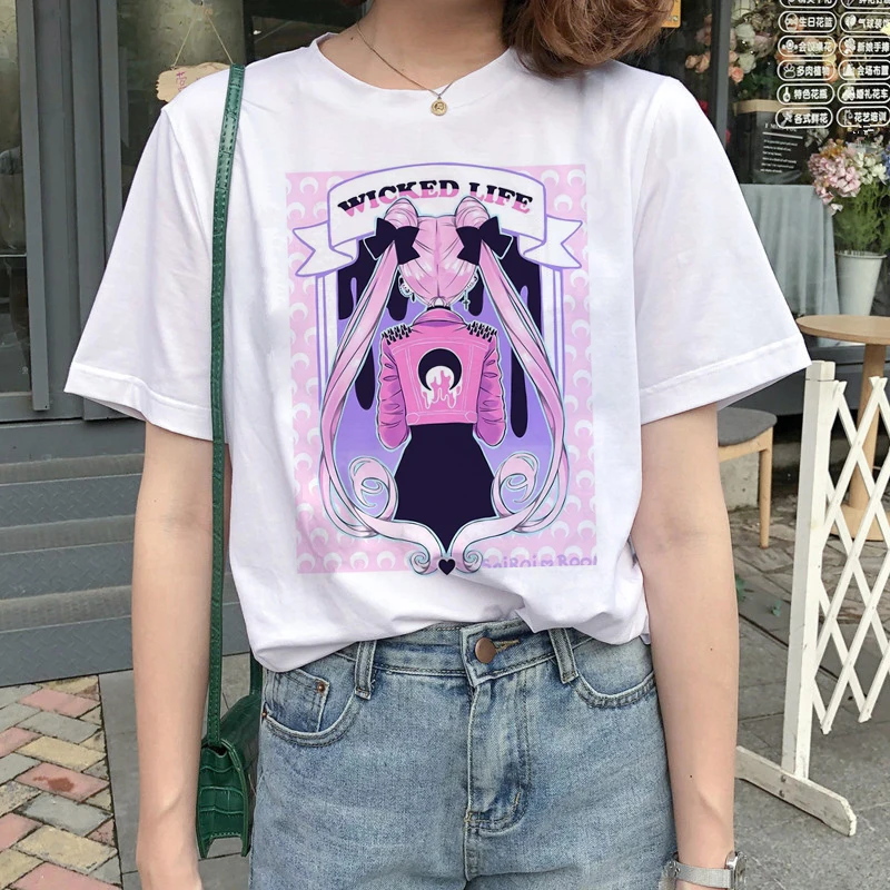 Kawaii Сейлор Мун футболка Женская Harajuku Ullzang мультяшная футболка 90s Милая футболка с принтом гранж корейский стиль футболки женские