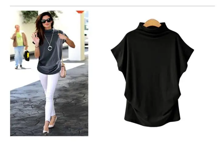 Женский свободный топ с коротким рукавом высоким воротником | Женская одежда