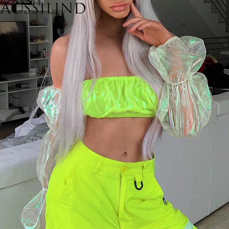 AOSSILIND сексуальный лоскутный укороченный топ с пышными рукавами для женщин 2019