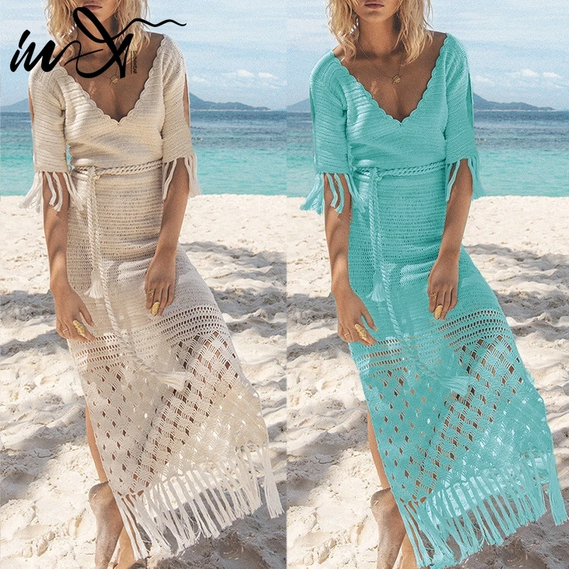 In-X 2019 Tunic women's cover up Hollow out Beach dress V-neck swimsuit female cover-ups Bandage beachwear Tassel saida de beach |