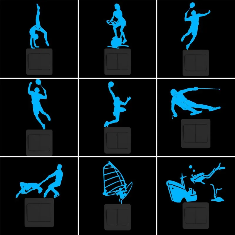 

Home Decor Glow Switch Sticker Wall Decoration Gymnast Sport/Badminton/Girl Riding Gym Bike/Basketball/Skating/Windsurfing/Diver