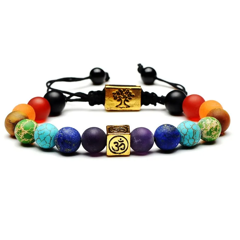 

Druzy 6pcs/lot 8mm Buddhist Beads Square OM Symbol Bracelet Black Onyx Stone 7 Chakra Yoga Fashion Bracelet