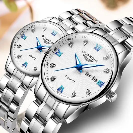 GUANQIN Fashion Couple Watch Set Stainless Steel Men Women lovers Watch Luxury Blue Quartz Watch Women Clock Ladies Wrist Watch