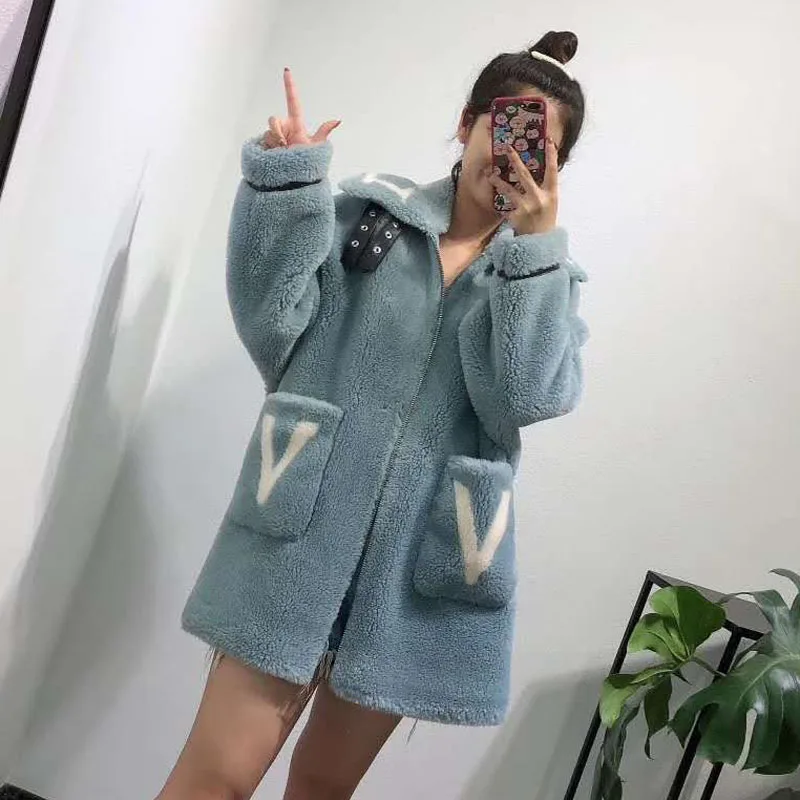 women winter jacket new female sheep fur coat plus size wool blends parka real fur Moto& Biker pink clothes Letter Pattern
