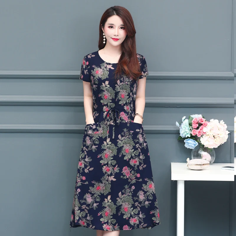 

Women Print Loose Dress Summer Vintage Long Dress new 2019 O Neck Casual Short sleeve Cotton XL-5XL Plus Size Dress vestidos