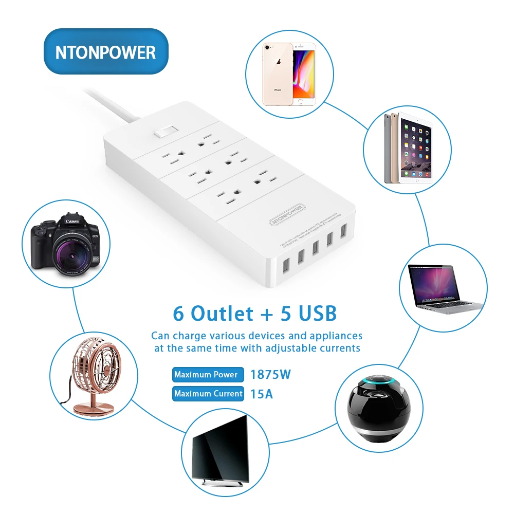 Фото NTON Защита от перенапряжения 1850 Вт умная лента питания с 6 выходами и 5 USB 40 Вт Зарядное устройство энергосбережение для дома ETL №5