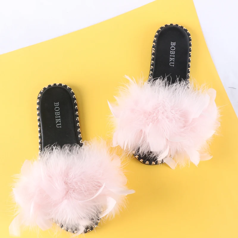 Тапочки с перьями страуса Летние Нескользящие тапочки на плоской подошве