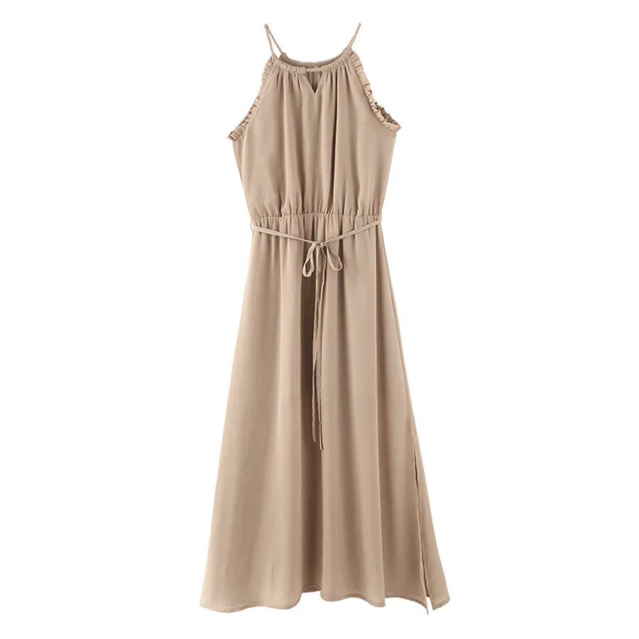 2017 высокое качество новый летний Бежевый ремень рукавов жилет платье цвета S XL