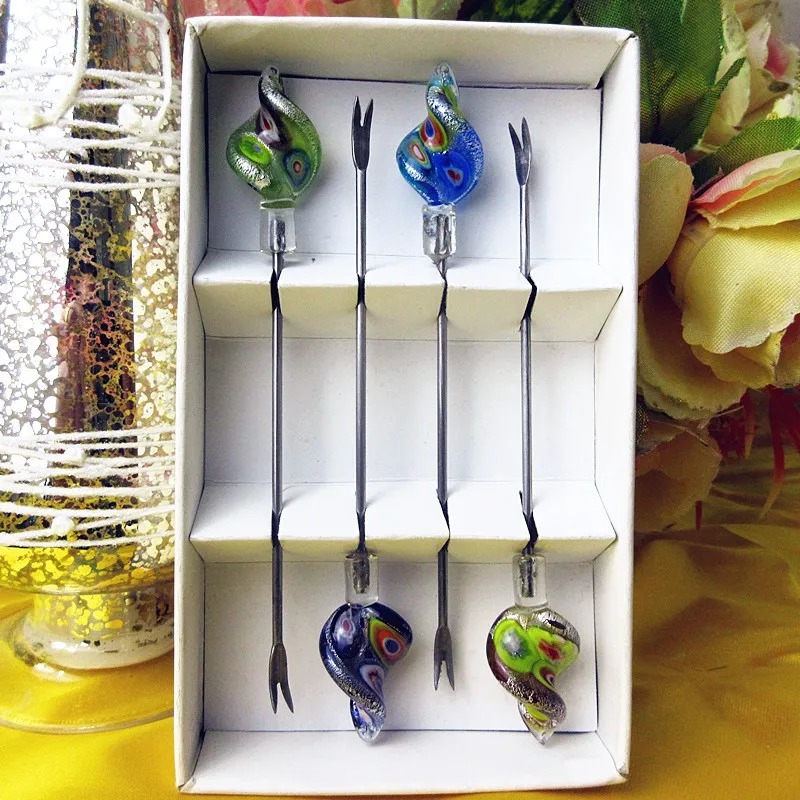 

4pcs Restaurant tableware and fruit fork stainless steel gift set murano glass Christmas Snowman statues decoration dessert fork