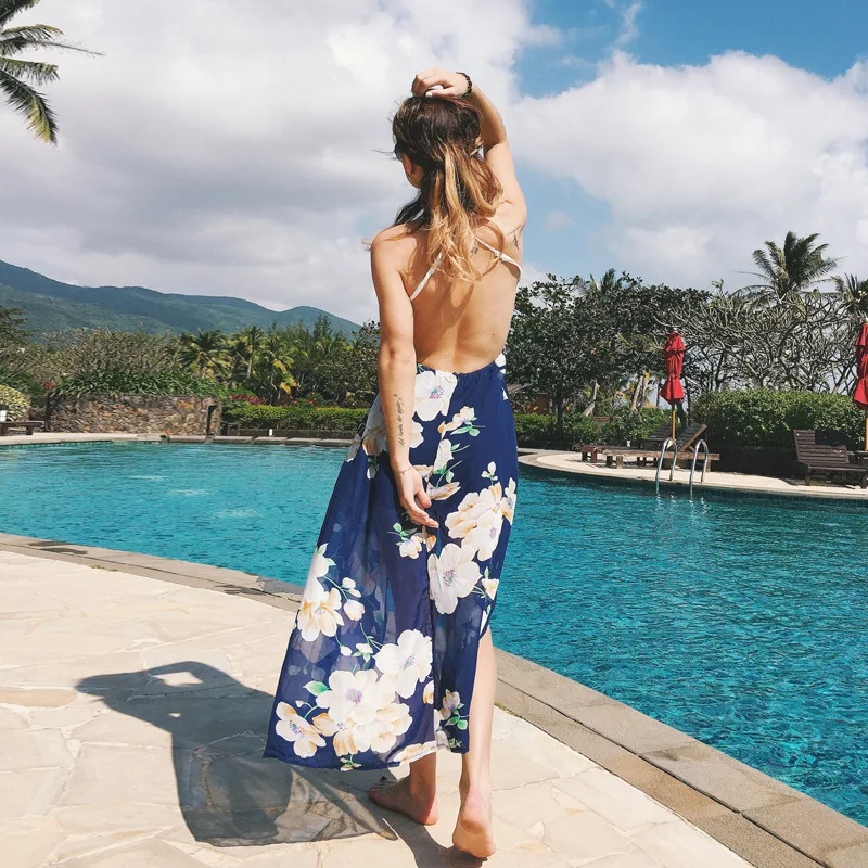 Летнее платье с лямкой на шее для отдыха кружевное принтом бретельках Пляжное