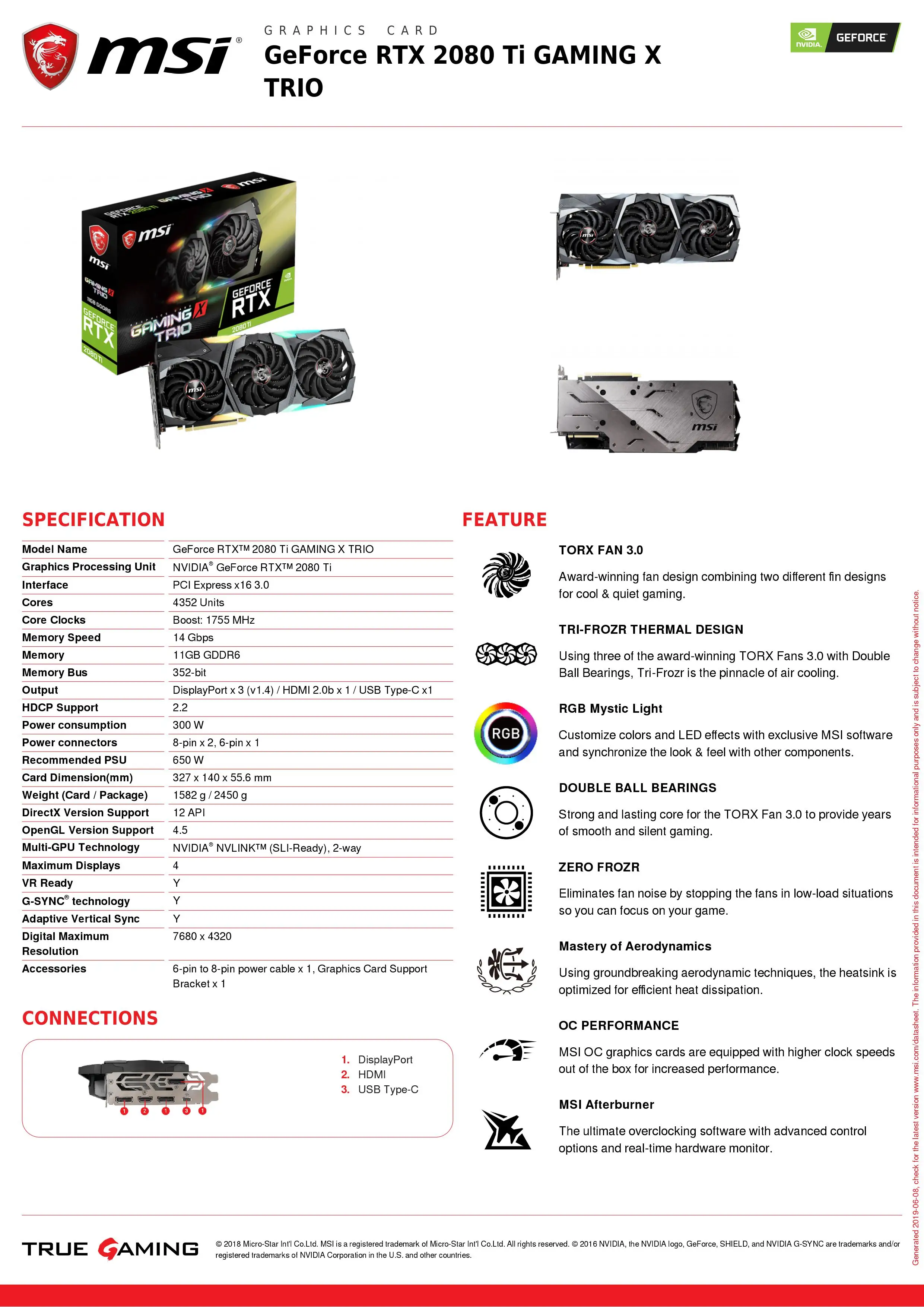 Видеокарта MSI GeForce RTX 2080Ti GAMING X TRIO 11 ГБ GDDR6 1755 МГц 4352 единиц 352 бит 14 Гбит/с PCI Express x16 3 0
