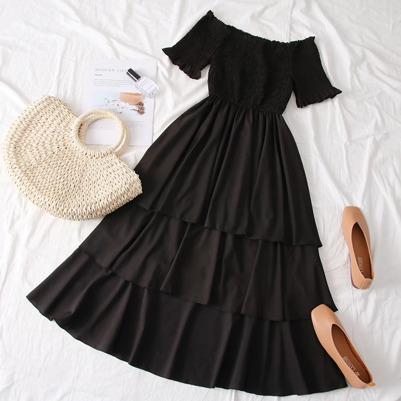 SKOONHEID богемное женское платье с открытыми плечами Ruched сексуальное корейское Слэш