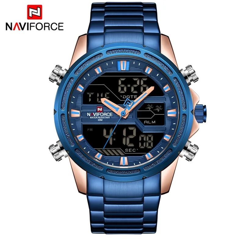 Blue Новинка, NAVIFORCE, Мужские Аналоговые часы, Роскошные, модные, спортивные, водонепроницаемые, кварцевые наручные часы, полностью стальные, мужские часы, Relogio Masculino - Цвет: Blue