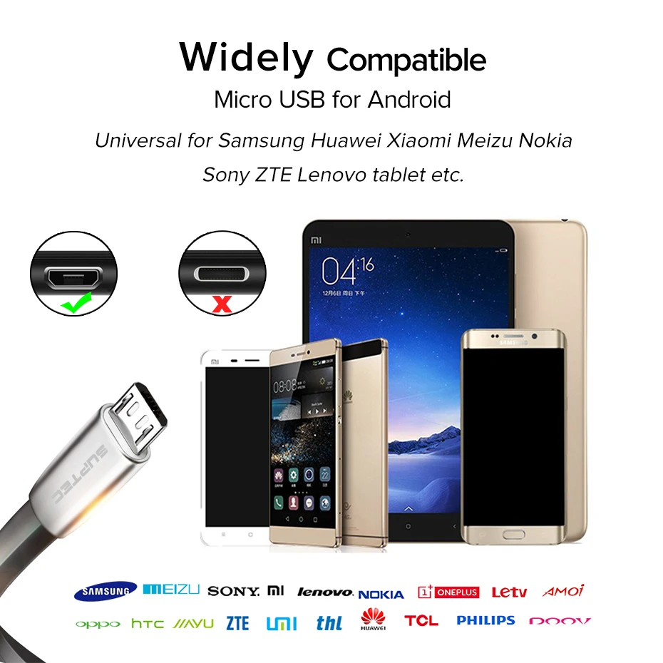 SUPTEC микро USB кабель цинковый сплав плоский ультра прочный передачи данных Android