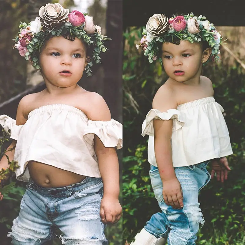 Топы с открытыми плечами для маленьких девочек джинсовые штаны дырками одежда