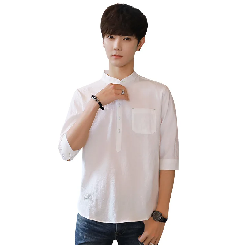 

The 2019 summer men's shirts white loose cotton shirts with short sleeves