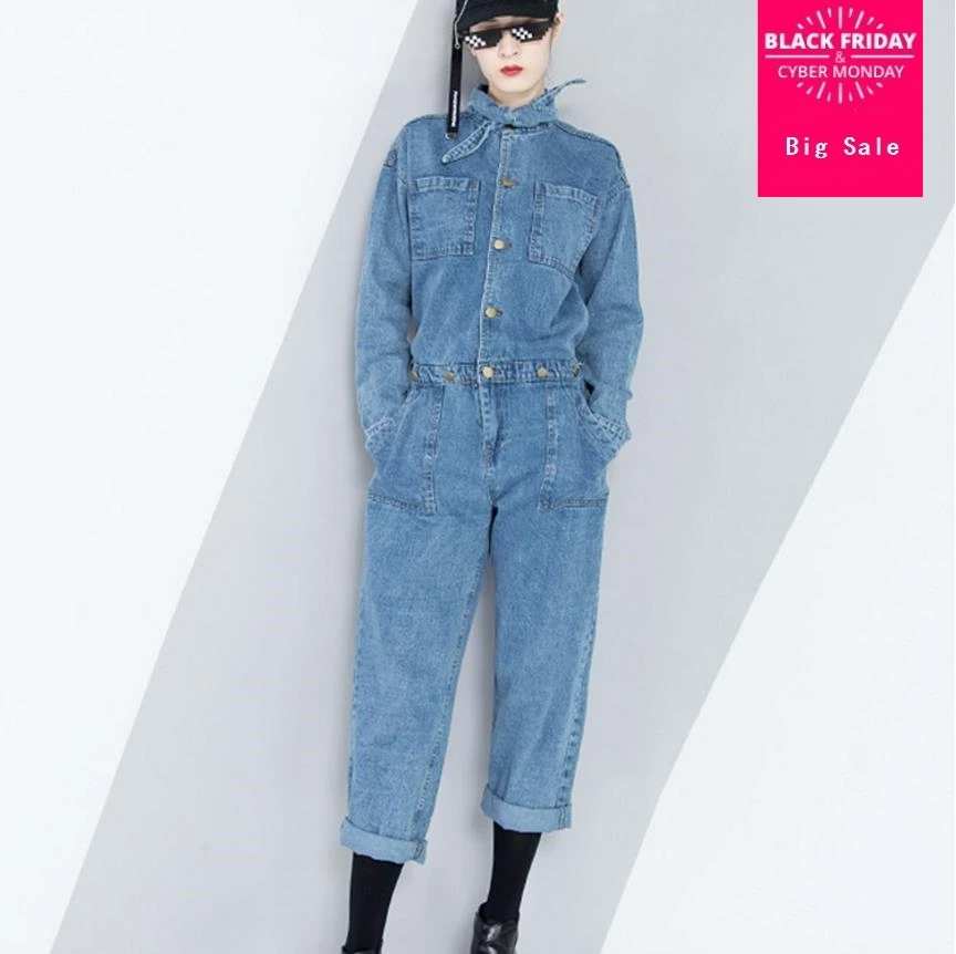 Весна 2019 Женская Джинсовая туника на шнуровке комбинезоны с завышенной талией