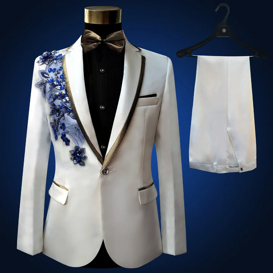 White Suit Blue A si Розовый Смокинг пиджак+ брюки с бусинами костюм мужской сценический костюм смокинг для свадьбы размера плюс 4XL розовый королевский синий белый черный красный костюм жениха - Цвет: White Suit Blue A si
