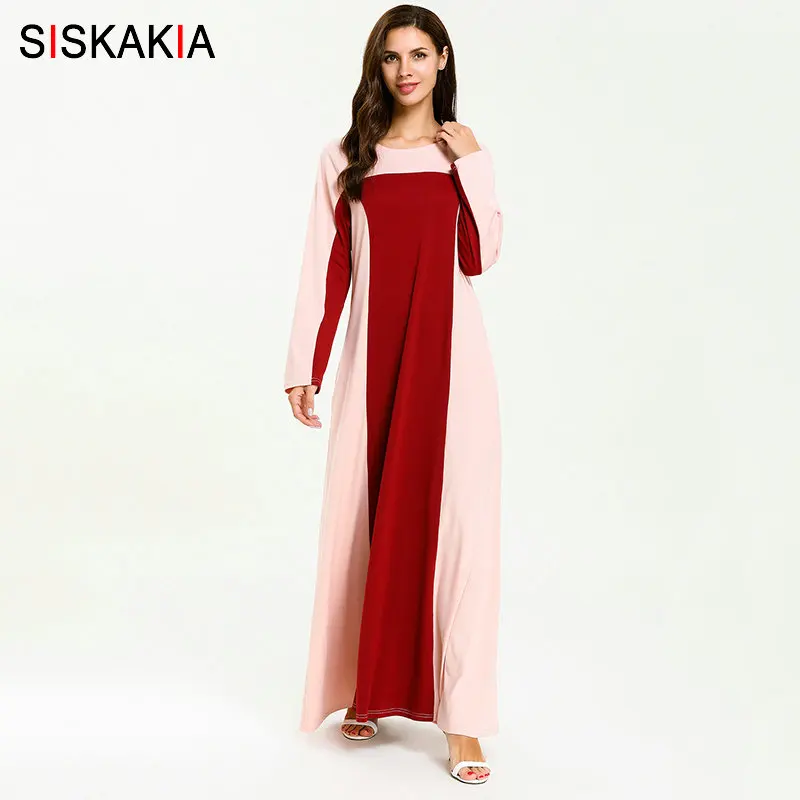 Siskakia элегантное мусульманское длинное платье розовый красный цвет блок одежда