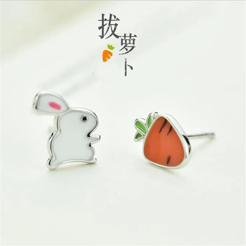 

New Fashion Creative Asymmetric Cute Rabbit And Radish 925 Sterling Silver Jewelry Personality Epoxy Wild Stud Earrings E032