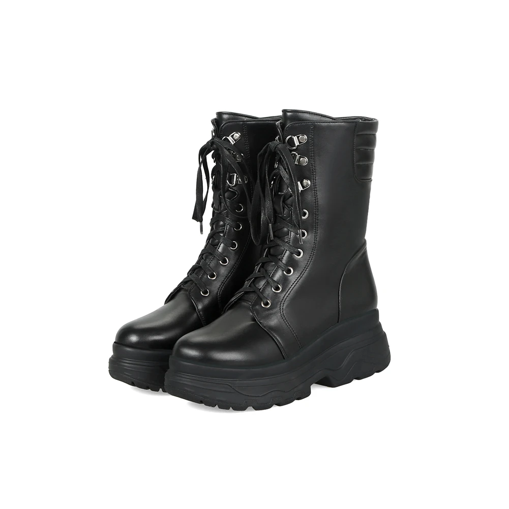 ALLENLYNN Large Size 33-43 Black Fashion mid-calf Platform Motorcycle Boots Women Winter 2020 Fur lace-up High Heels Shoes Woman | Обувь