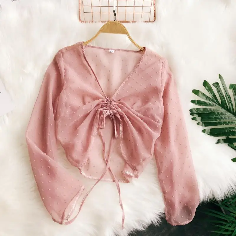 2018 new fashion women blouse shirt sweet sunscreen V-neck drawstring long-sleeved chiffon female |