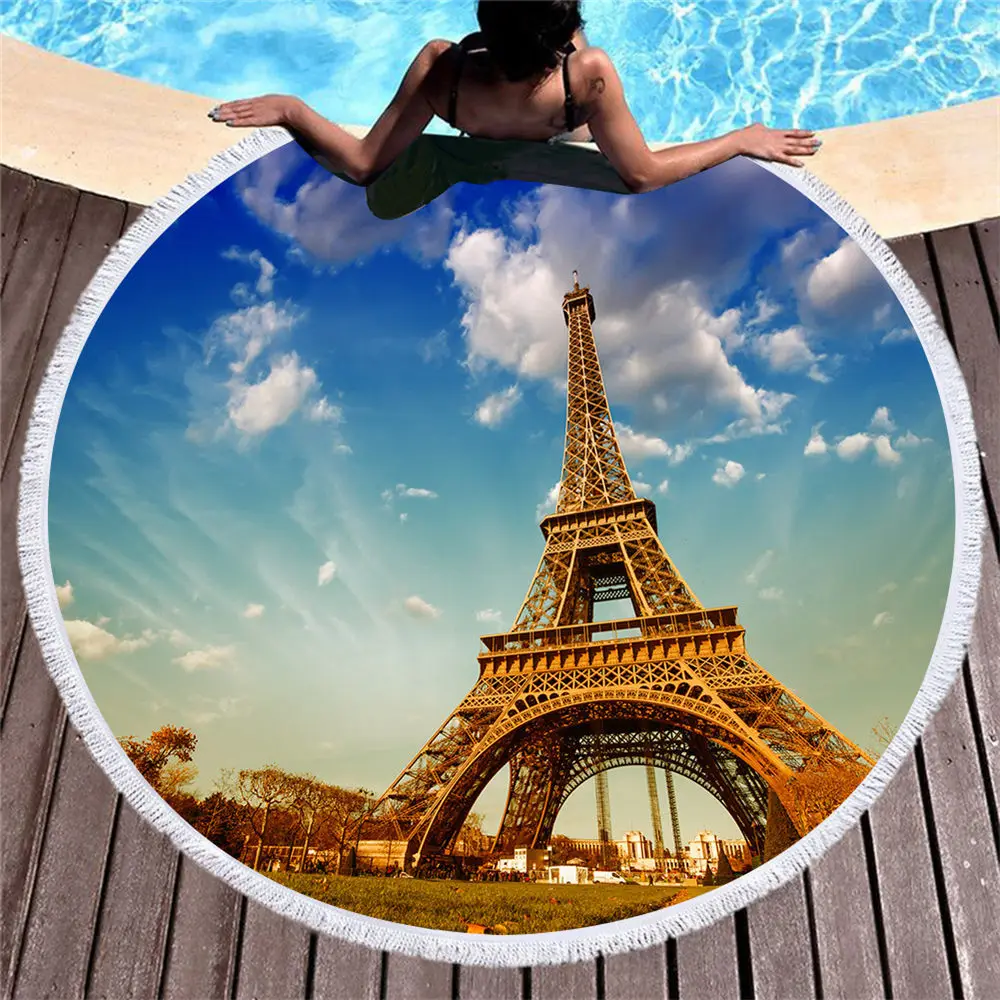 Building Series Printed Round Beach Towel Tower Night View Beautiful Home Decor Tapestry Swimming Microfiber |