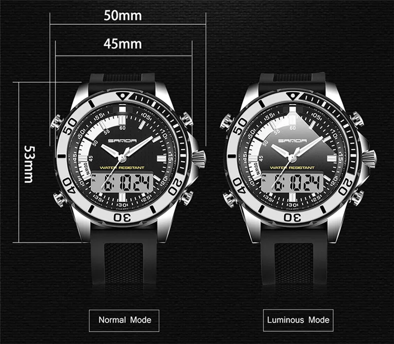 SANDA Dual Time Display Sport Digital Watch Men Chronograph Analog Quartz Watches Luxury Brand Waterproof Wristwatches Relogio |