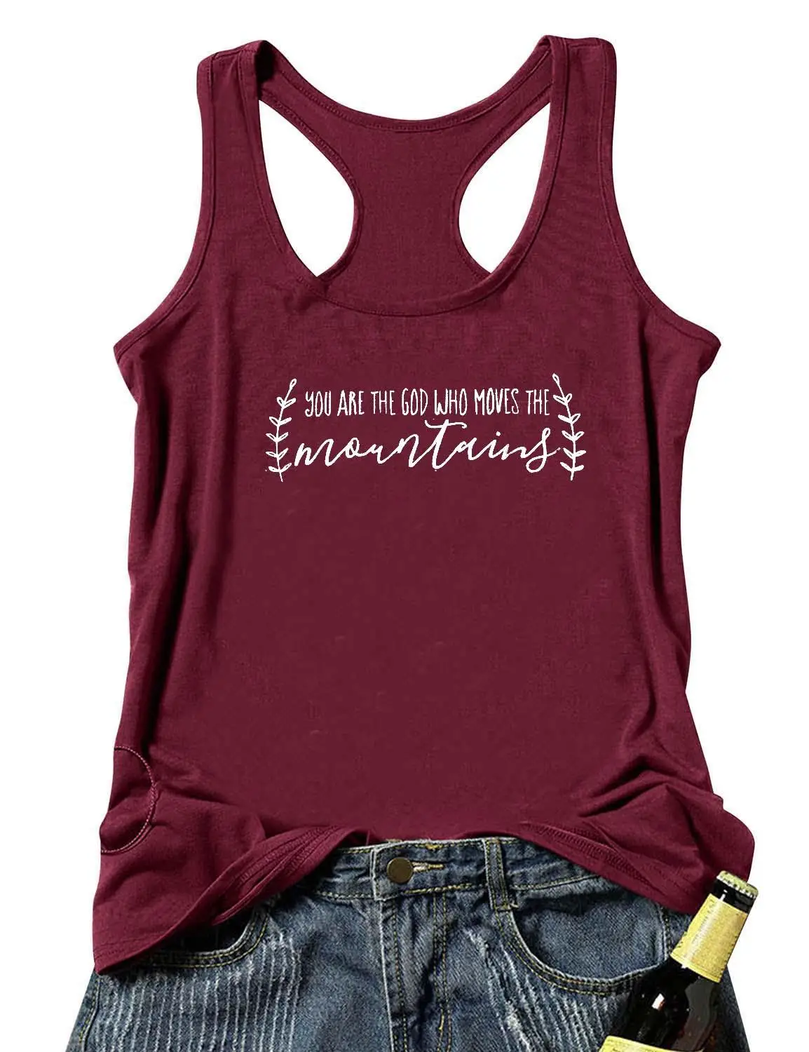 wine red-white text Жилет вы-Бог, который движет горы Графический Летний Забавный Повседневный женский топ на бретелях Бог все мощно - Цвет: wine red-white text