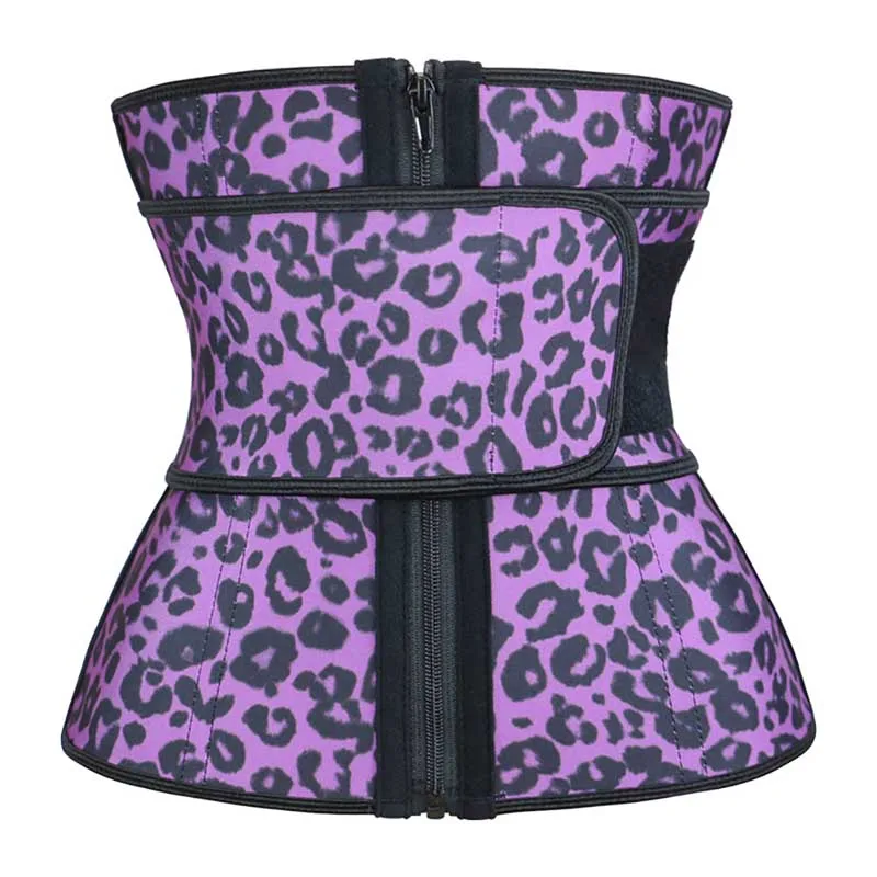 Purple Leopard Print Atbuty Высокая компрессия Талии Тренажер Cincher молния Роза Печать животик похудение латекс Корректирующее белье Корсеты - Цвет: Purple Leopard Print