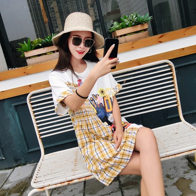 Robe femme ete 2018 Новое Брендовое платье-футболка в клетку стиле ретро с вышитым