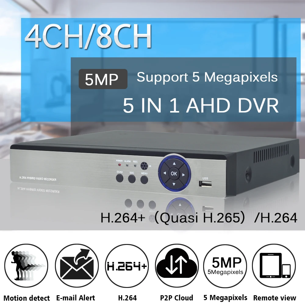 OUERTECH AHD CVI TVI IP CVBS 5 in1 4CH/8CH 5MP H.264+ Quasi H.265 HDVR 4CH RCA Audio IN 1 SATA HDD ONVIF Surveillance CCTV DVR |