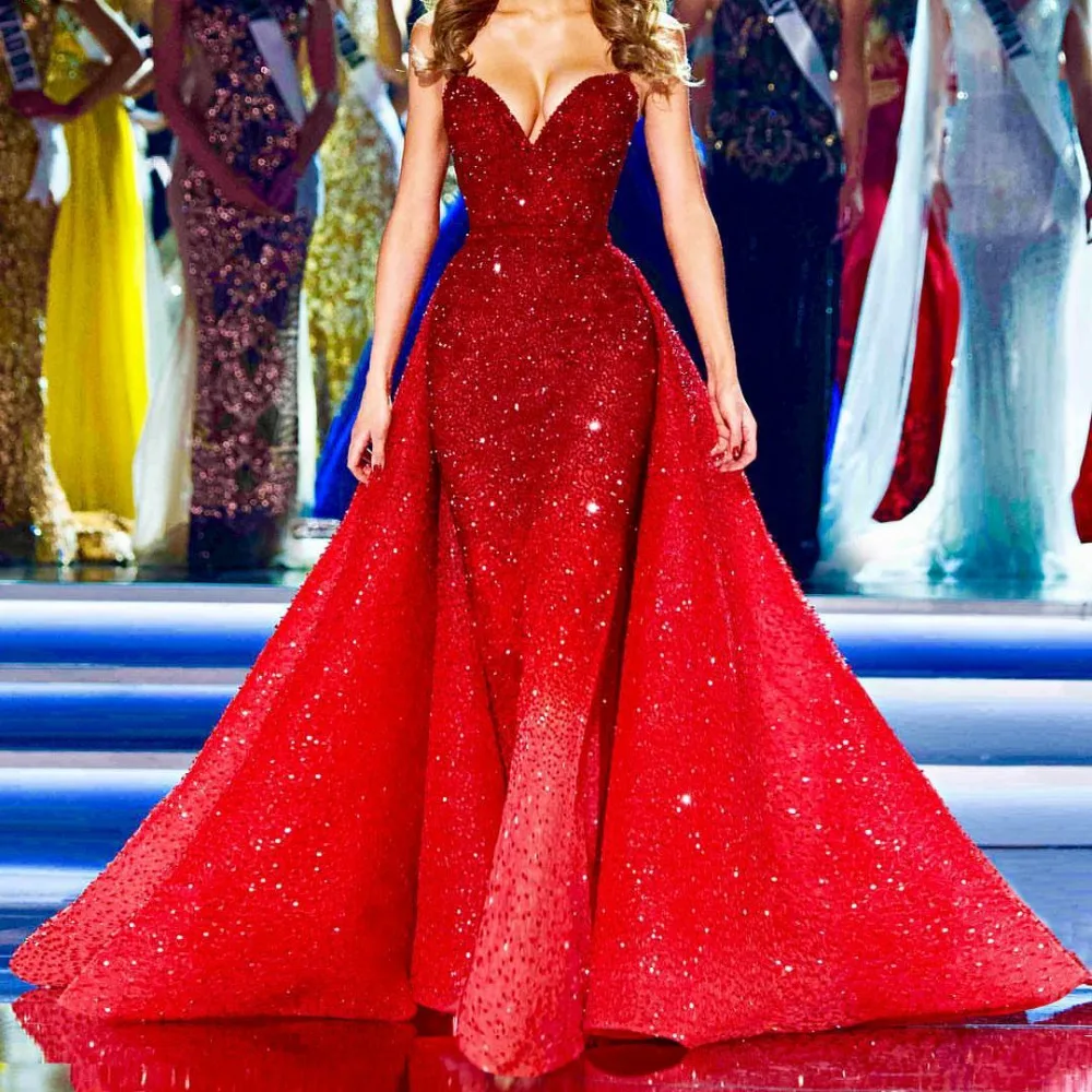 Роскошное красное платье-Русалка для выпускного вечера со съемным шлейфом и