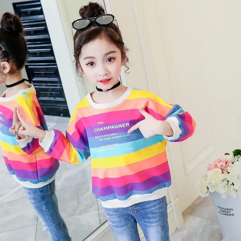 

2019 Girls Sweatshirts Spring Autumn Rainbow Strip Outerwear Kids Clothes Children Long Sleeve Pullover Tops Baby Girl T-Shirts