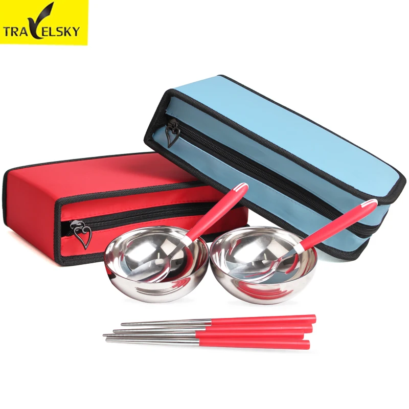 Travelsky 1/2/4 Outdoor Tableware Portable Eco Family Picnic Steel Bowl Spoon Chopsticks Stainless Camping Tablewear Set bags | Спорт и