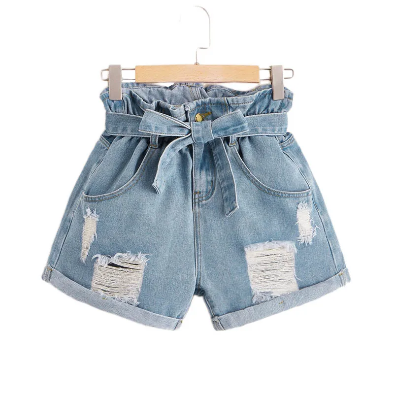 SweatyRocks Ripped Rolled Hem Denim Shorts Streetwear Casual High Waist Belted Shorts Summer Straight Leg Women Solid Shorts