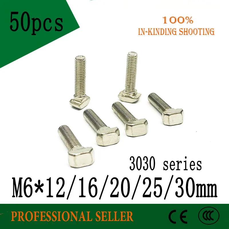 

50pcs 3030 Series M6*12/16/20/25/30mm Hammer Head T Bolt Screw Nickel Plated For 3030 Aluminum Profile T-slot t screw nut