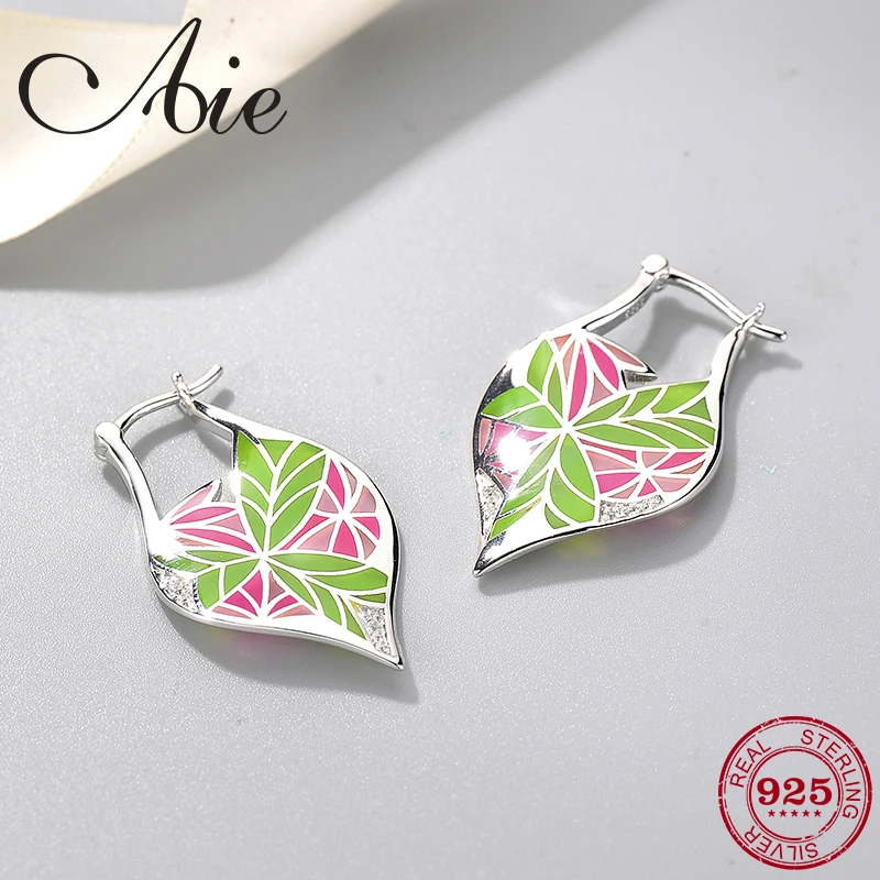 2018 new 925 Sterling Silver fashion DIY gift like Veined leaves pink green Enamel fine Dangle Earrings Party Jewelry | Украшения и