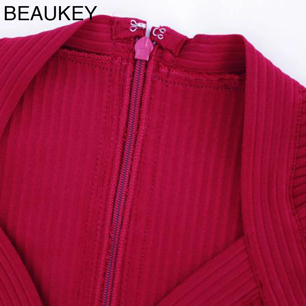 

Wine Red 2018 Women's Sexy Deep V Neck Slim Vertical Stripe Celebrity Knee Length Rayon Bandage Dress