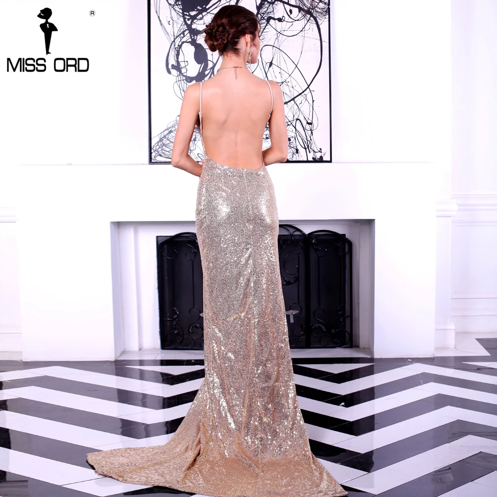 Платье макси Missord с треугольным вырезом открытой спинкой и блестками FT8282 2019|maxi