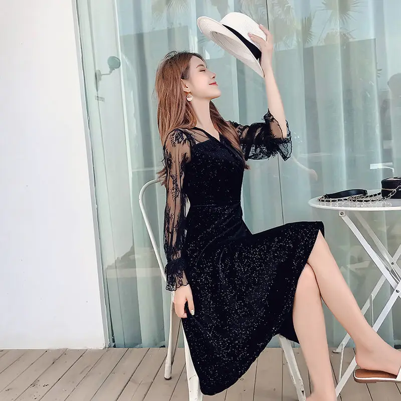 Korea Summer Dress 2019 Women Casual Velvet Patchwork Lace Mesh Flare Sleeve Sexy V-Neck Party Dresses Vestidos | Женская одежда