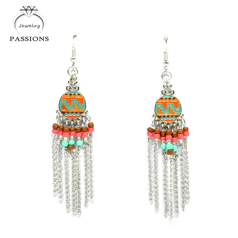 

Hot Sale Bohemian Women Jewelry Resin Colorful Bead Drop Earrings Rome Style Gold&Silver Color Chain Tassel Dangle Long Earings