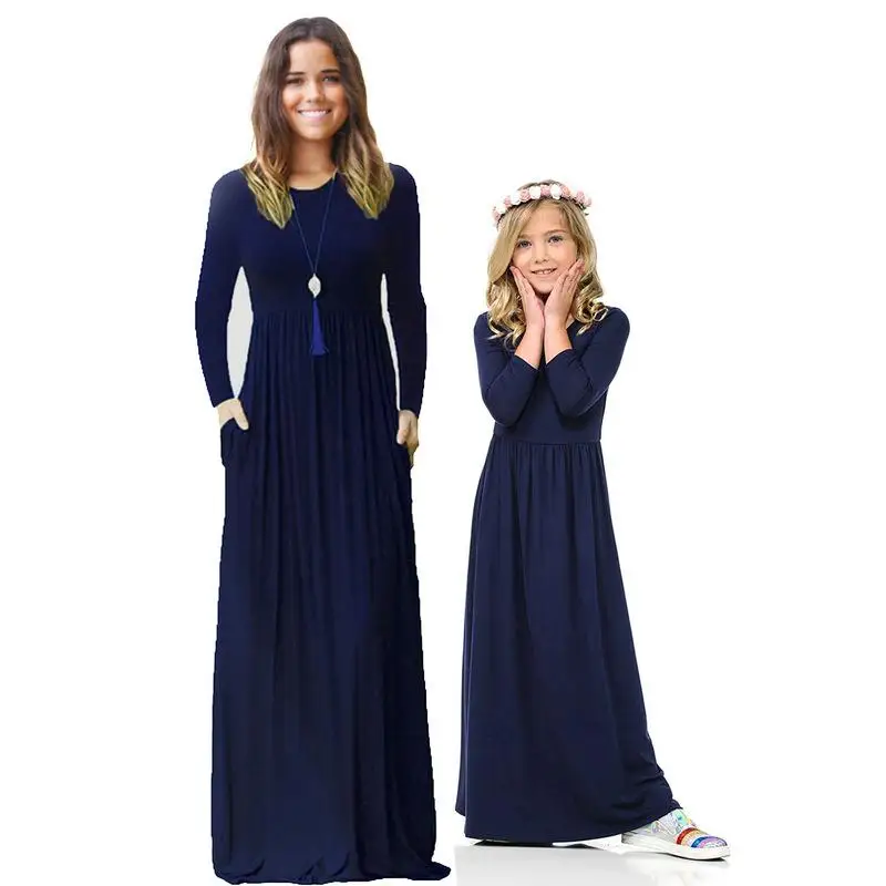Navy blue Платье для мамы и дочки; платья с длинными рукавами для мамы и дочки; коллекция года; осенние вечерние платья для мамы и дочки; одежда для всей семьи - Цвет: Navy blue