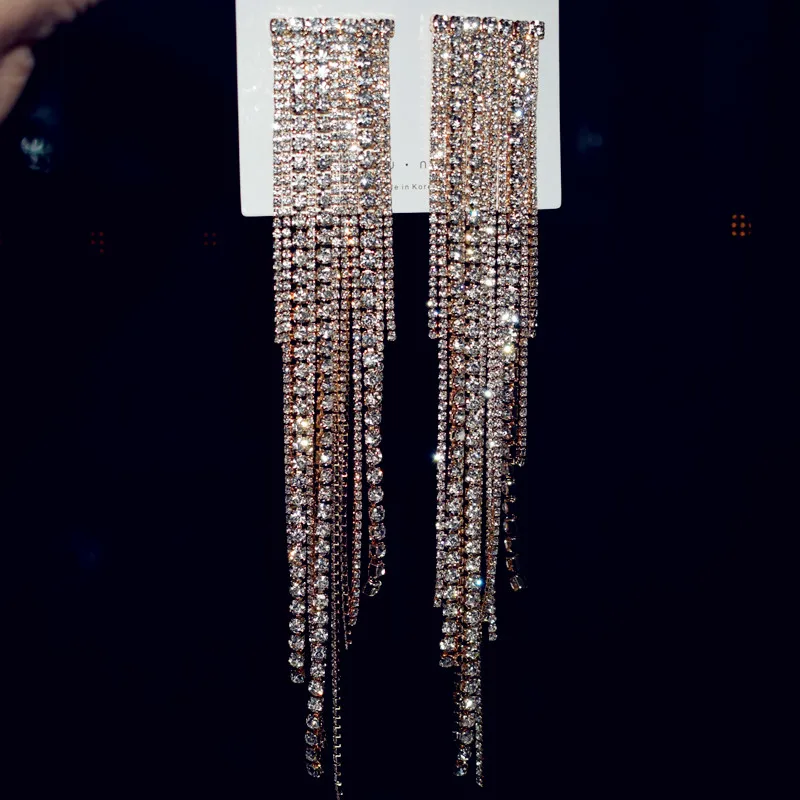 Shiny Rhinestone Long Chain Dangle Earrings for Women Fashion Jewelry New Evening Dress Statement Accessories | Украшения и