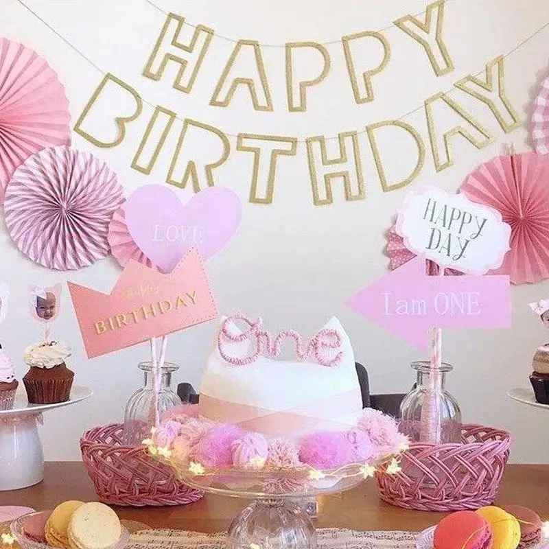 Золотого цвета с принтом черной бумаге Happy баннеры для дня рождения душа ребенка