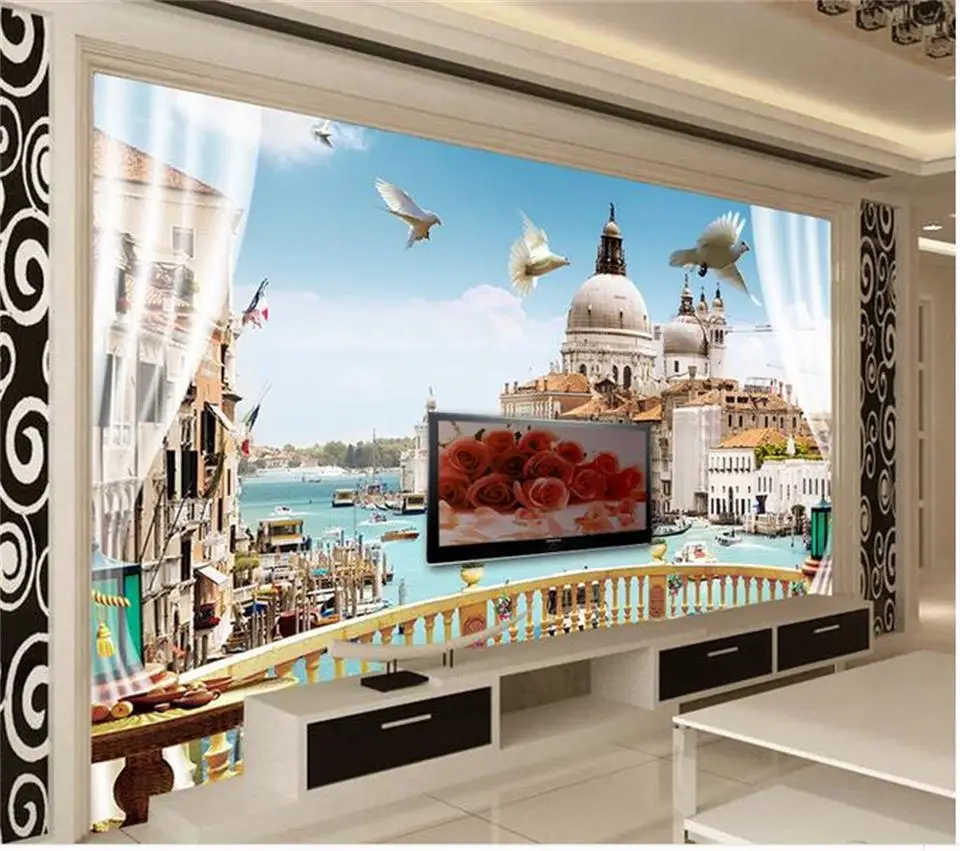 Пользовательские 3d фото обои Гостиная Фреска Окно балкон Рим пейзаж живопись ТВ