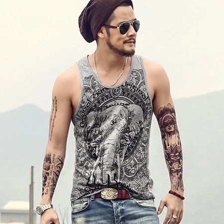 Мужская повседневная майка в стиле ретро синяя без рукавов с принтом слона