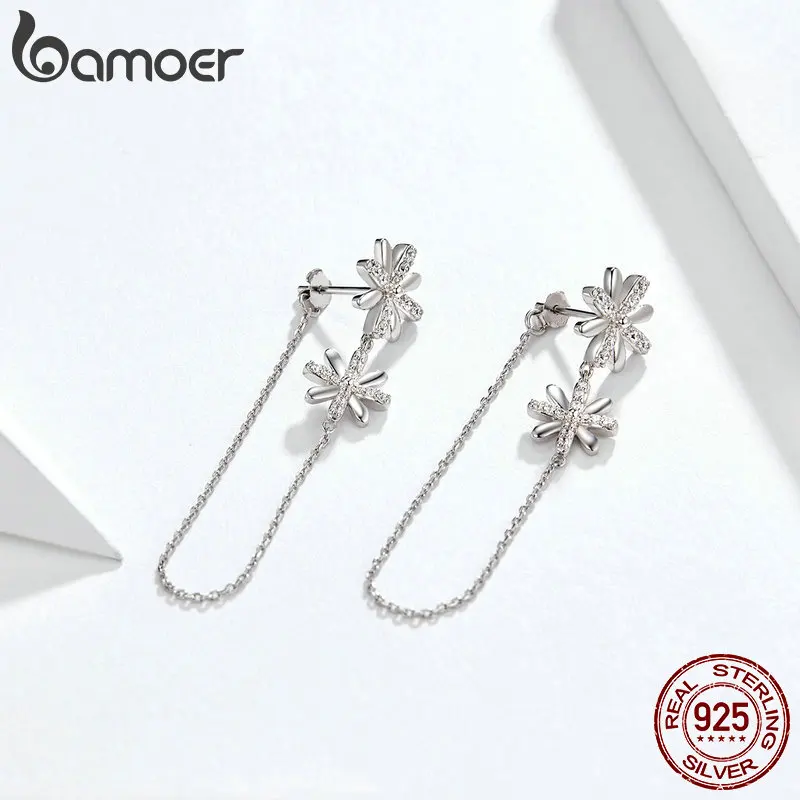 BAMOER серьги-капли с ромашками для девочек, Стерлинговое Серебро, 925 кристалл, цветок, подвеска на цепочке, женские серьги, режим, Brincos BSE089